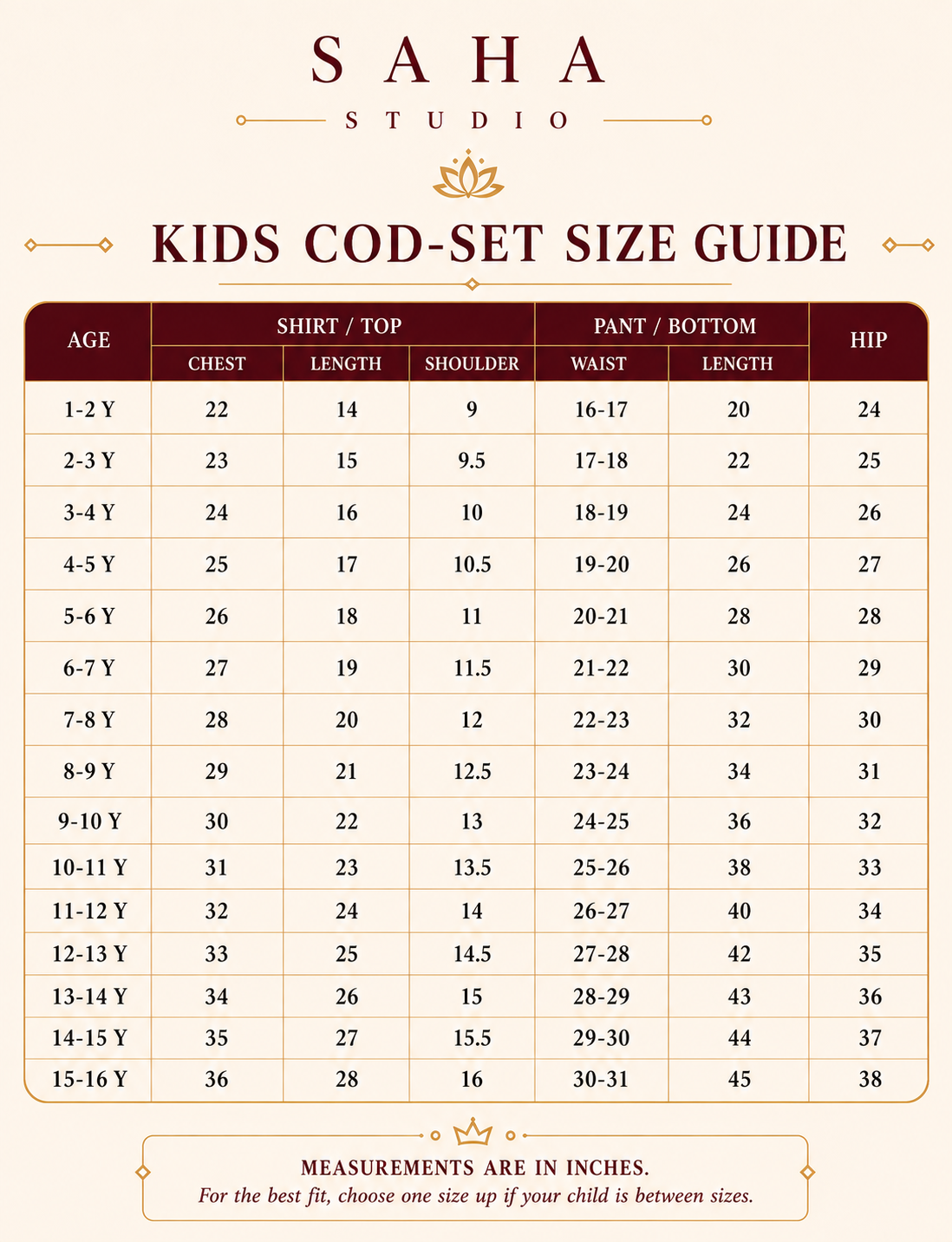 Size Chart for SS45